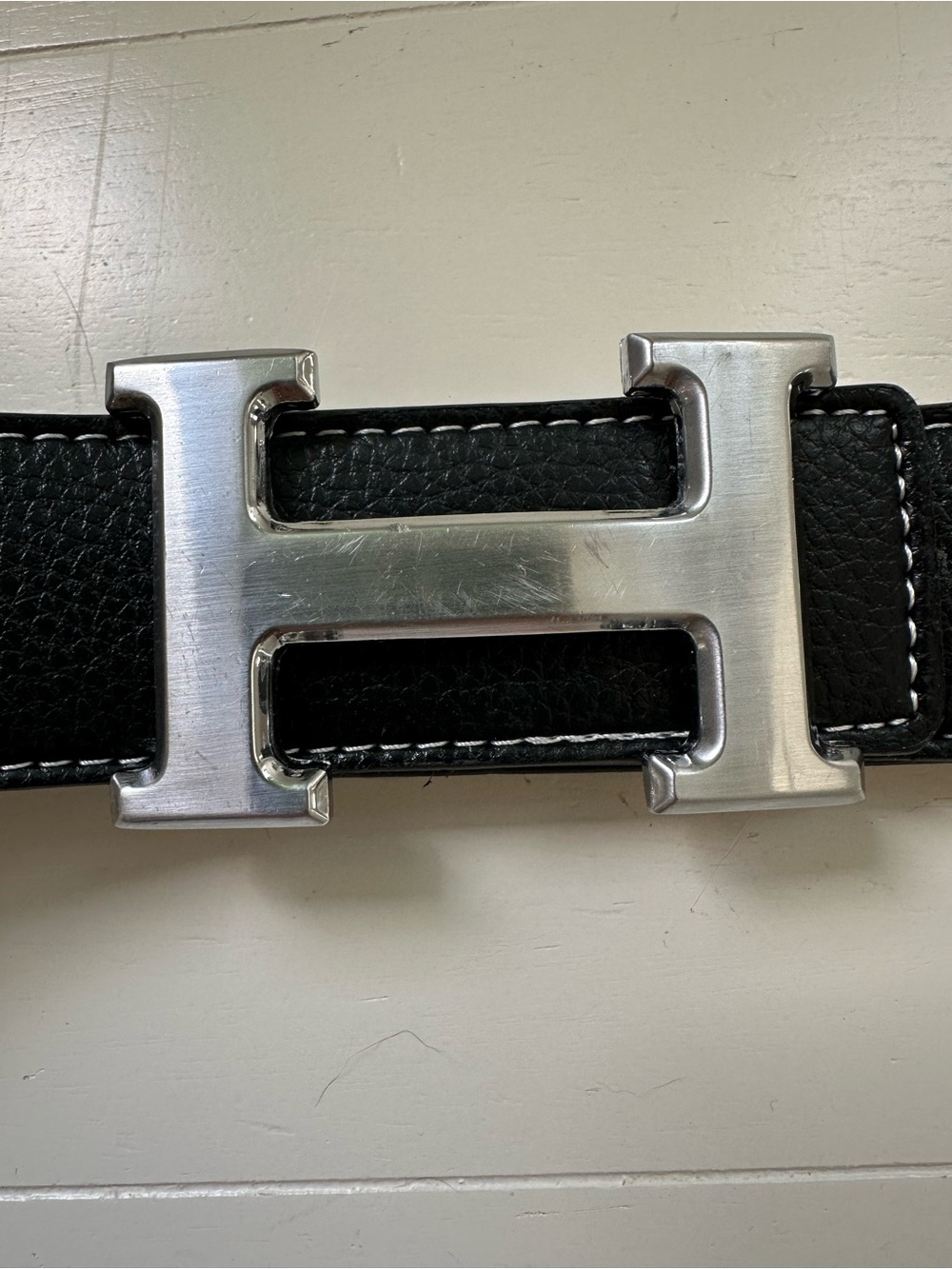 Designer Inspired Black Leather Belt with Silver Buckle
